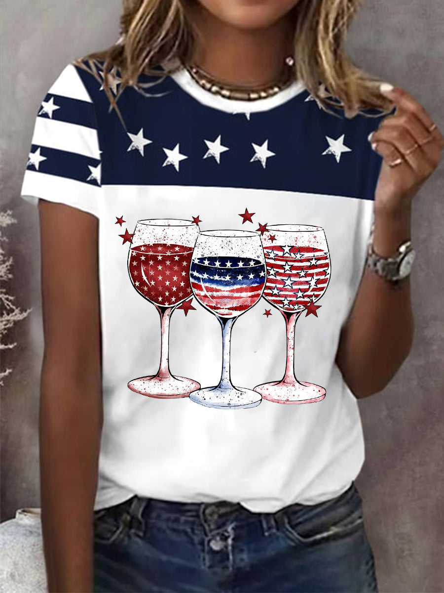 Women's Independence Day Wine Glass Short-sleeved T-shirt