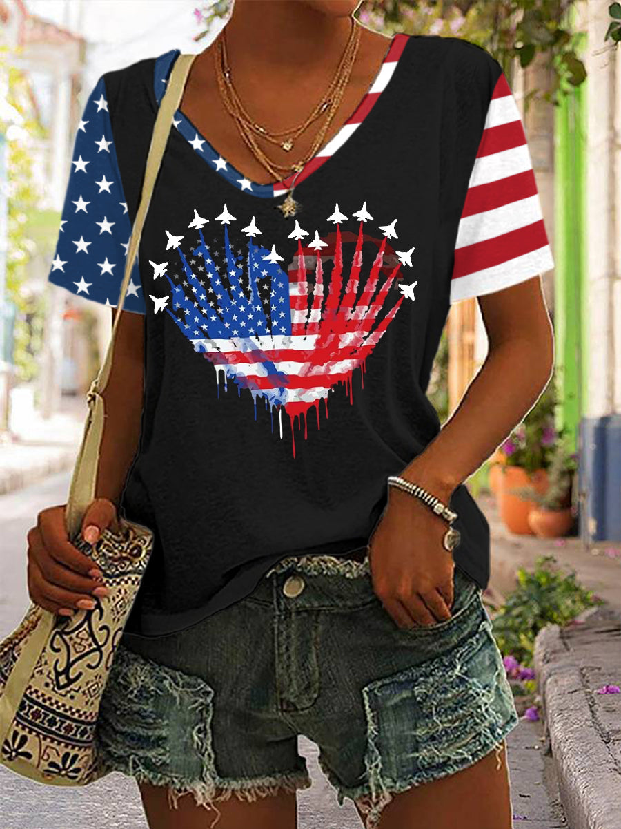 Women's 4th Of July Fighter Jet Patriotic USA Flag Heart Print Casual V-Neck Tee