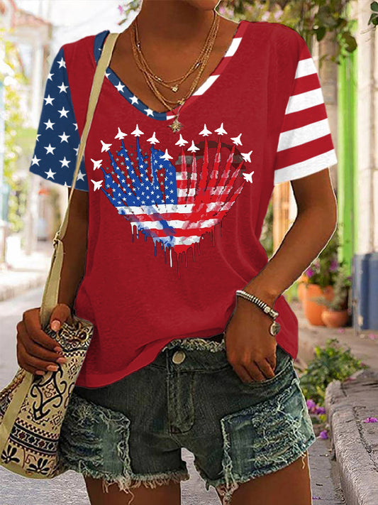 Women's 4th Of July Fighter Jet Patriotic USA Flag Heart Print Casual V-Neck Tee