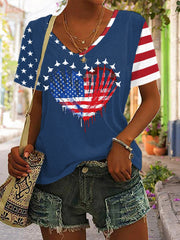 Women's 4th Of July Fighter Jet Patriotic USA Flag Heart Print Casual V-Neck Tee
