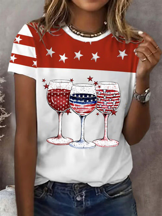 Women's Independence Day Wine Glass Short-sleeved T-shirt