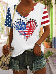 Women's 4th Of July Fighter Jet Patriotic USA Flag Heart Print Casual V-Neck Tee