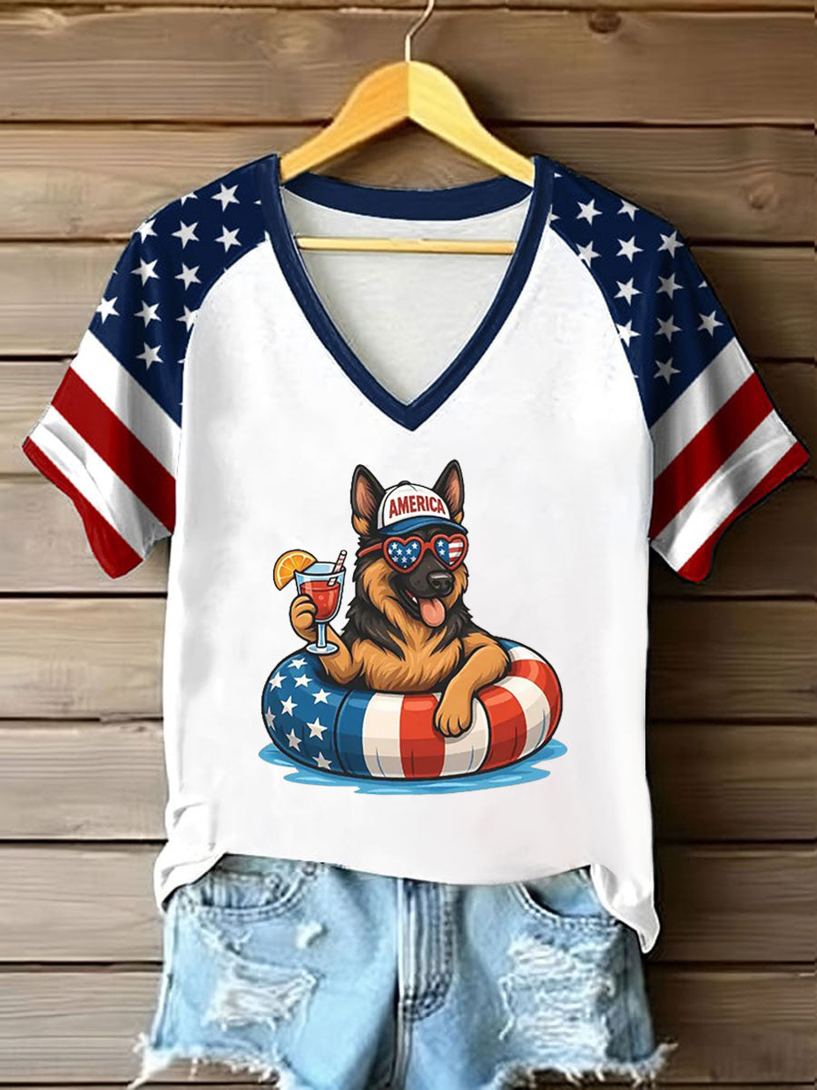 Women's Funny Patriotic German Shepherd Printed V-neck T-shirt