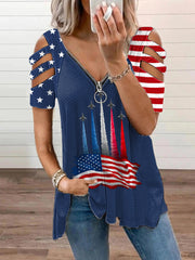 Women's Independence Day American Flag Jet Planes Print Casual Zipper V-Neck  Top