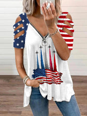Women's Independence Day American Flag Jet Planes Print Casual Zipper V-Neck  Top