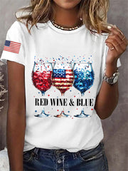 Women's 4th Of July Red Wine Blue Wine Glass Print Casual Tee