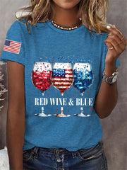 Women's 4th Of July Red Wine Blue Wine Glass Print Casual Tee