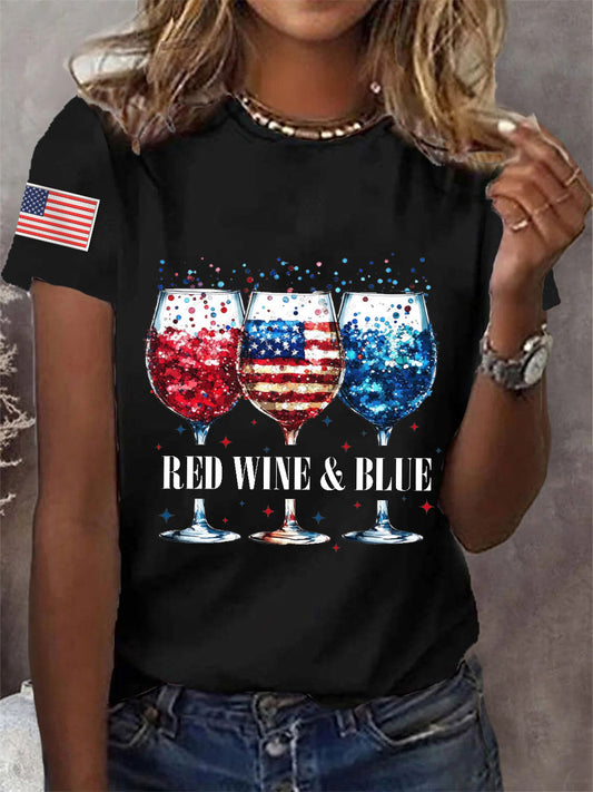 Women's 4th Of July Red Wine Blue Wine Glass Print Casual Tee
