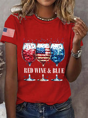 Women's 4th Of July Red Wine Blue Wine Glass Print Casual Tee