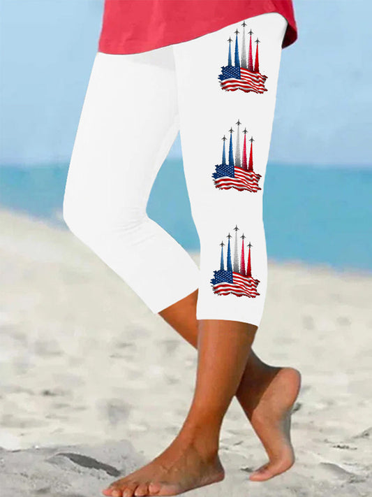 Women's Independence Day American Flag Jet Planes Print Casual Cropped Leggings