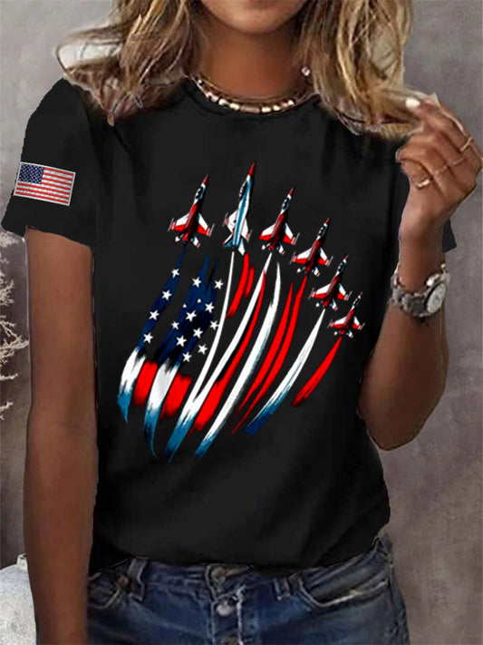 Women's Independence Day USA Flag Fighter Jets Print Casual Tee