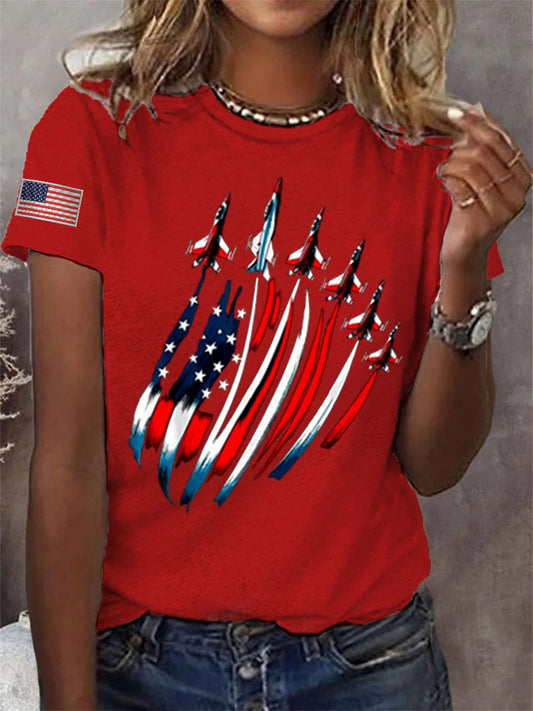Women's Independence Day USA Flag Fighter Jets Print Casual Tee