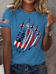 Women's Independence Day USA Flag Fighter Jets Print Casual Tee