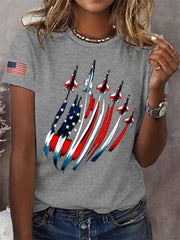 Women's Independence Day USA Flag Fighter Jets Print Casual Tee