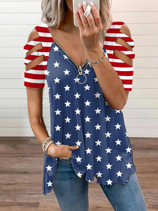 Women's Independence Day American Flag Print Casual V-Neck Zipper T-Shirt