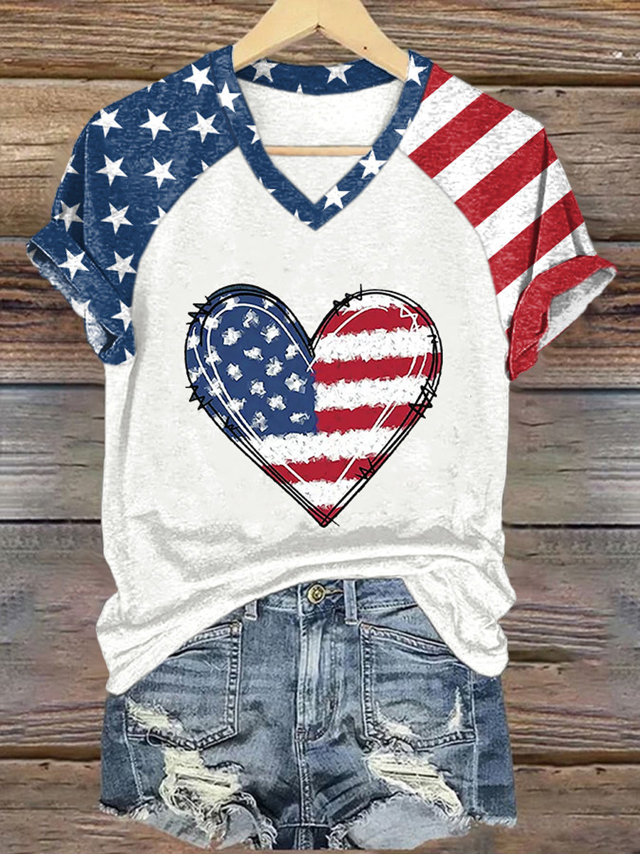 Women's Independence Day American Flag Love Heart Print Casual V-Neck Tee