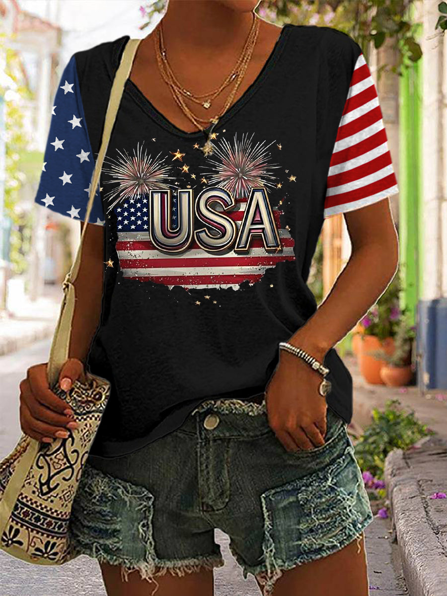 Women's Independence Day American Flag USA Fireworks Print Casual V-Neck Tee