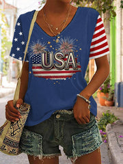 Women's Independence Day American Flag USA Fireworks Print Casual V-Neck Tee