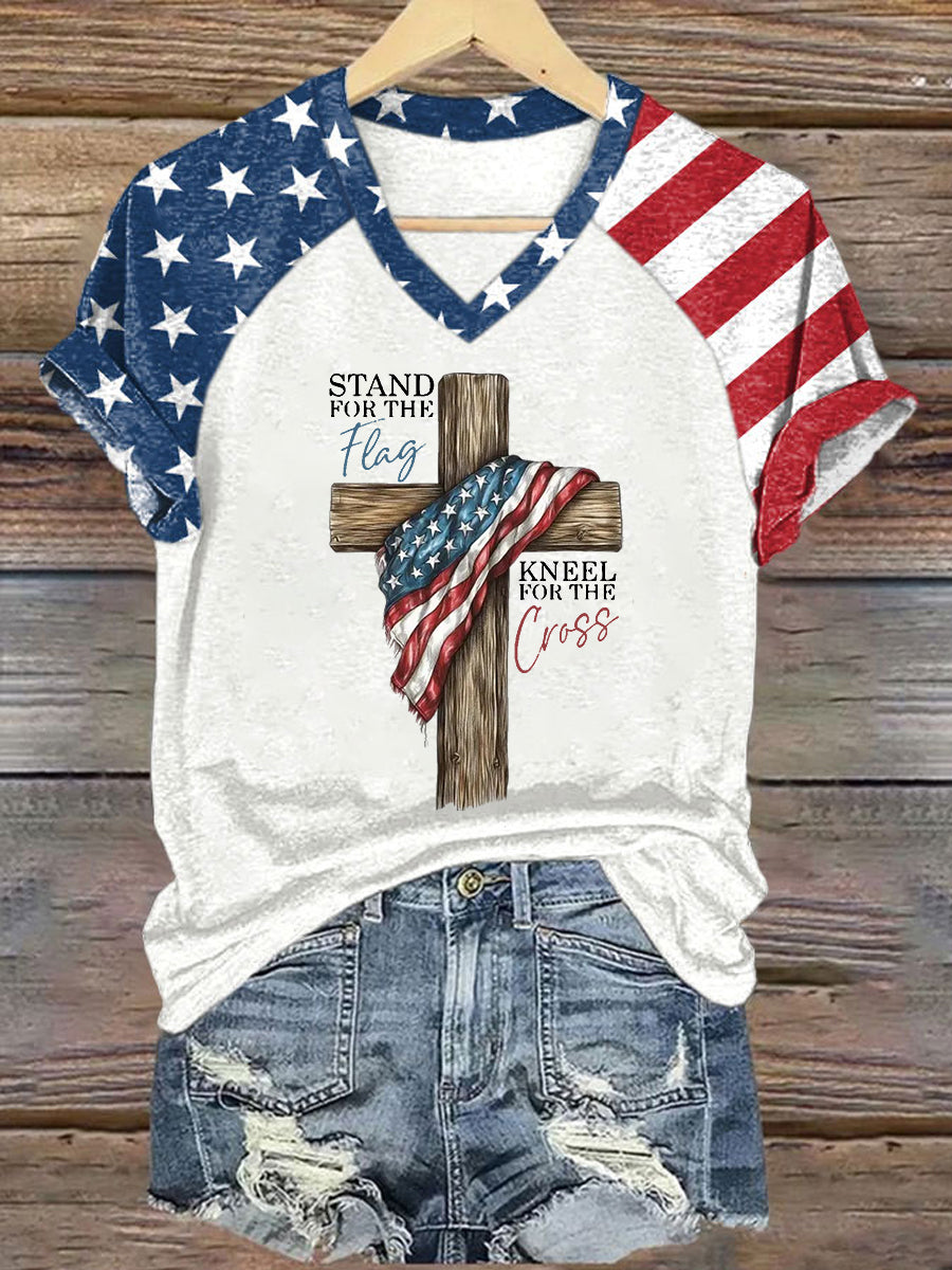 Women's Stand For The Flag, Kneel For The Cross American Flag Print Casual V-Neck Tee