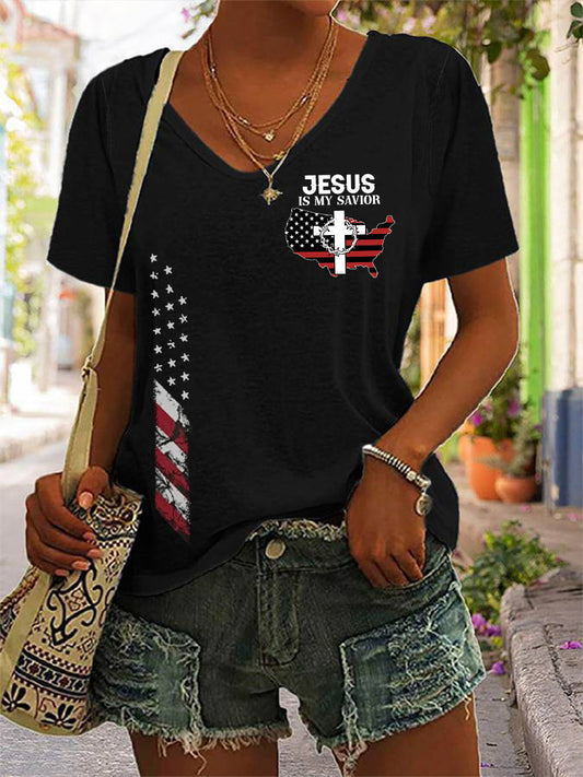 Women's Jesus Is My Savior American Flag Print Casual V-Neck Tee