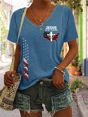 Women's Jesus Is My Savior American Flag Print Casual V-Neck Tee
