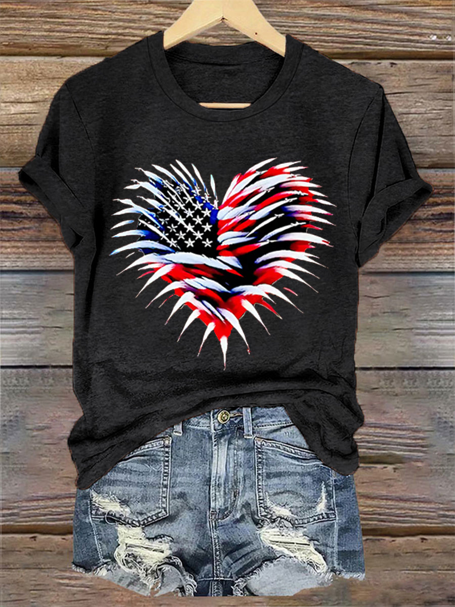 Women's Independence Day American Flag Heart Fireworks Casual Tee