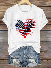 Women's Independence Day American Flag Heart Fireworks Casual Tee