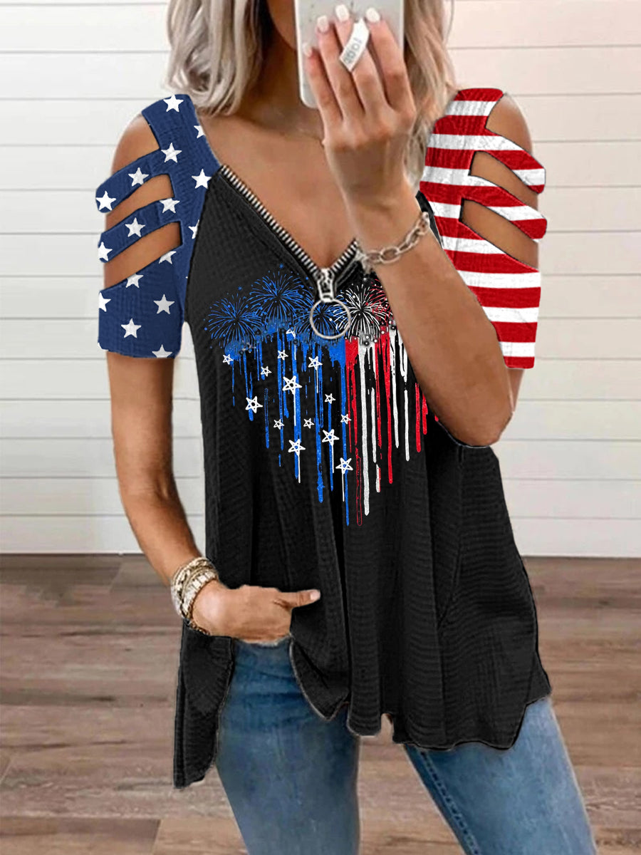 Women's Independence Day American Flag Fireworks Heart Print Casual Zipper V-Neck Tee