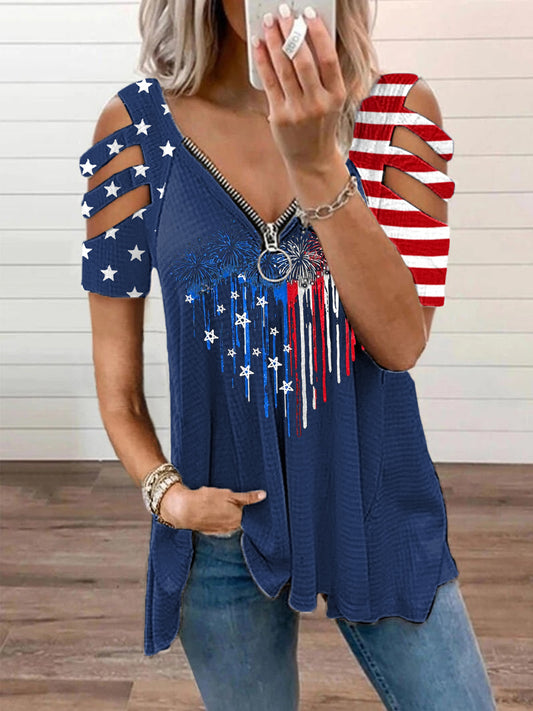 Women's Independence Day American Flag Fireworks Heart Print Casual Zipper V-Neck Tee