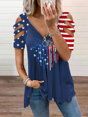 Women's Independence Day American Flag Fireworks Heart Print Casual Zipper V-Neck Tee
