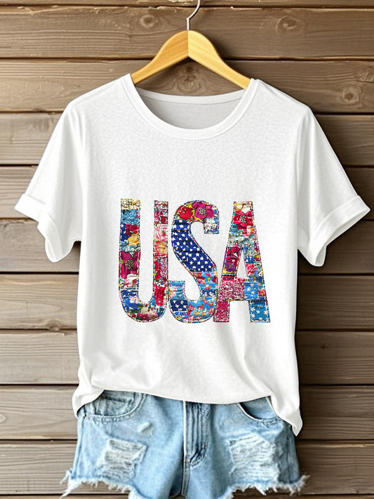 Women's Independence Day Retro Patchwork Flag Short-sleeved T-shirt
