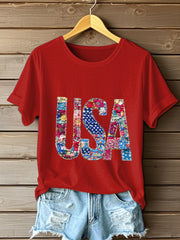 Women's Independence Day Retro Patchwork Flag Short-sleeved T-shirt