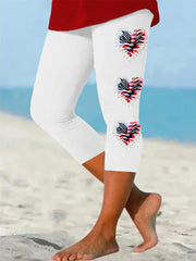 Women's Independence Day American Flag Heart Fireworks Casual Cropped Leggings