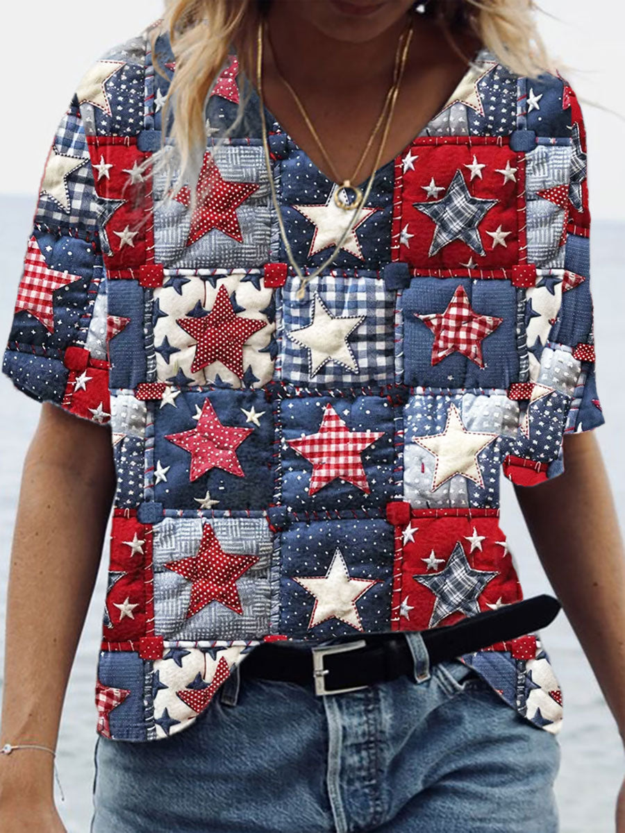 Women's Independence Day Retro Patchwork Stars and Stripes Print T-Shirt