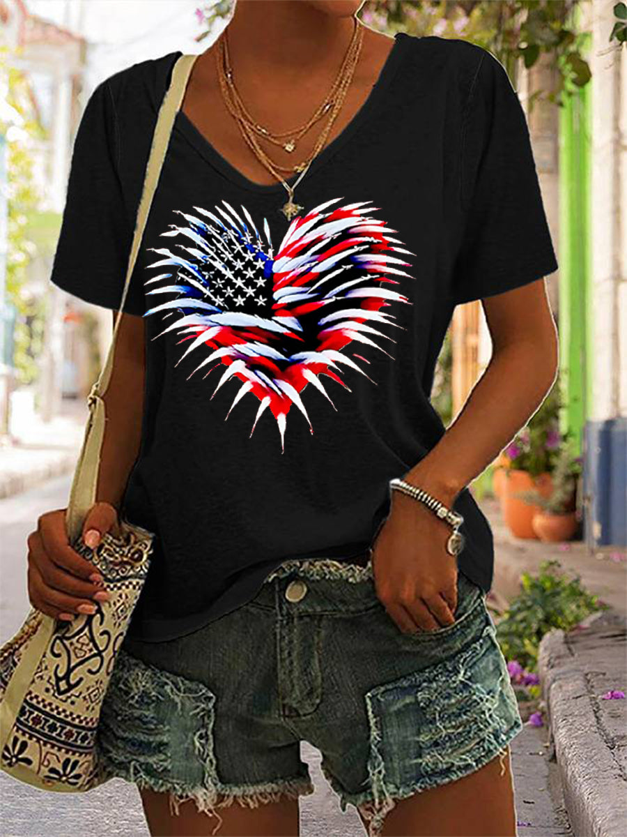 Women's Independence Day American Flag Heart Fireworks Casual V-Neck Tee