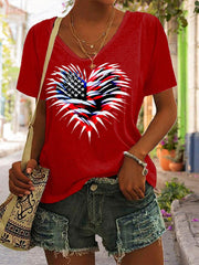 Women's Independence Day American Flag Heart Fireworks Casual V-Neck Tee