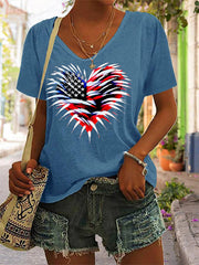 Women's Independence Day American Flag Heart Fireworks Casual V-Neck Tee