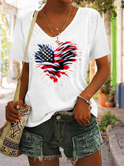 Women's Independence Day American Flag Heart Fireworks Casual V-Neck Tee