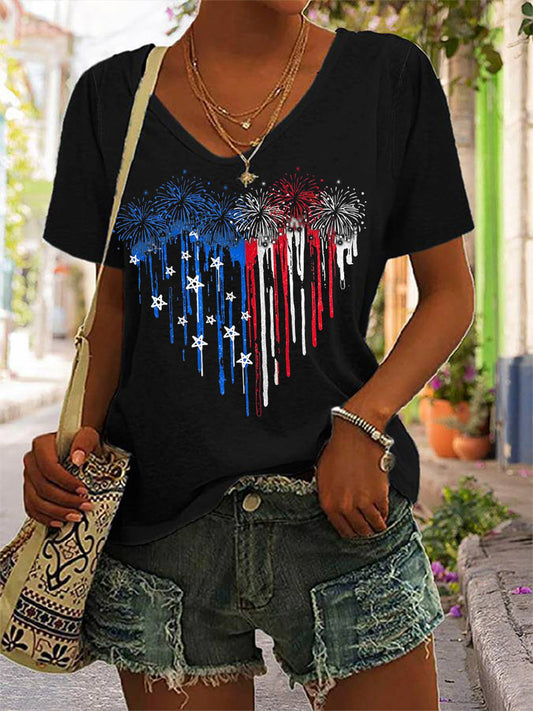 Women's Independence Day American Flag Fireworks Heart Print Casual V-Neck Tee