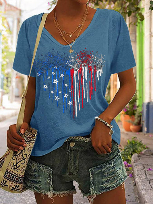 Women's Independence Day American Flag Fireworks Heart Print Casual V-Neck Tee