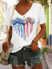 Women's Independence Day American Flag Fireworks Heart Print Casual V-Neck Tee