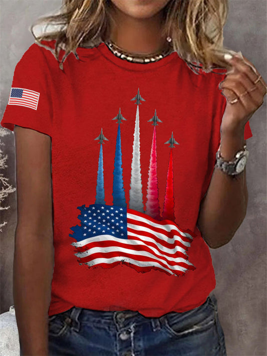 Women's Independence Day American Flag Jet Planes Print Casual Tee