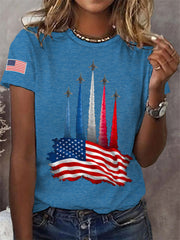 Women's Independence Day American Flag Jet Planes Print Casual Tee