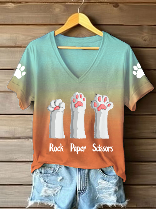 Women's rock paper scissors cat paw V-neck T-shirts