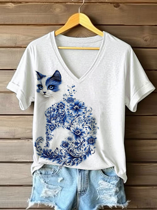 Women's Floral Cat Print Casual T-Shirt