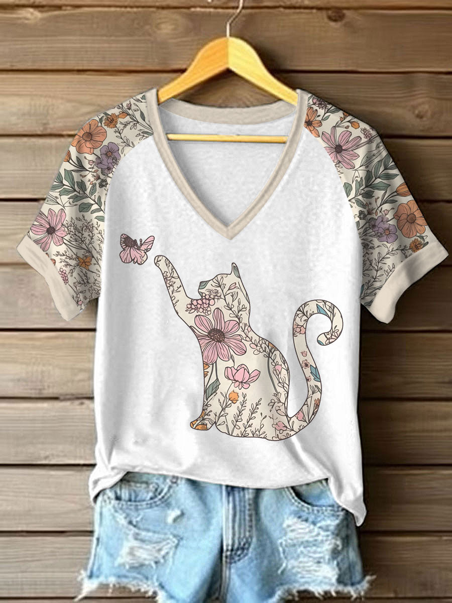 Women's Wildflowers Cat Print Casual T-Shirt