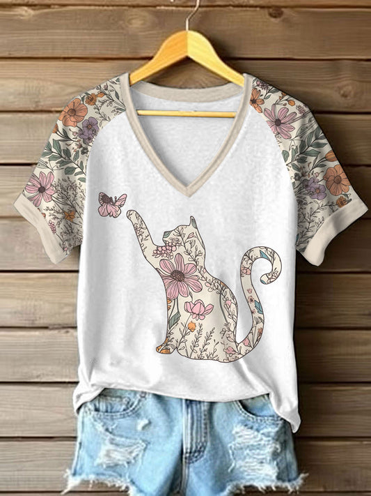 Women's Wildflowers Cat Print Casual T-Shirt
