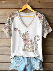 Women's Wildflowers Cat Print Casual T-Shirt