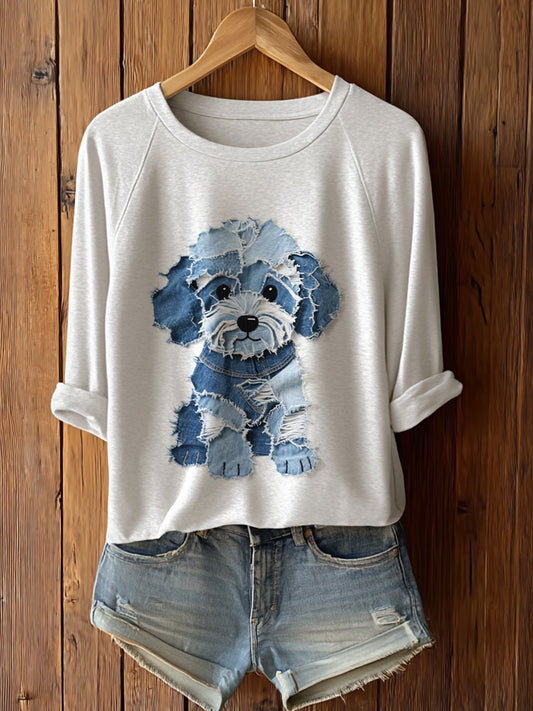 Women's Cute Dog Patchwork Art Long Sleeve T-Shirto