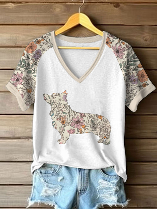 Women's Wildflowers Corgi Printed Casual T-Shirt